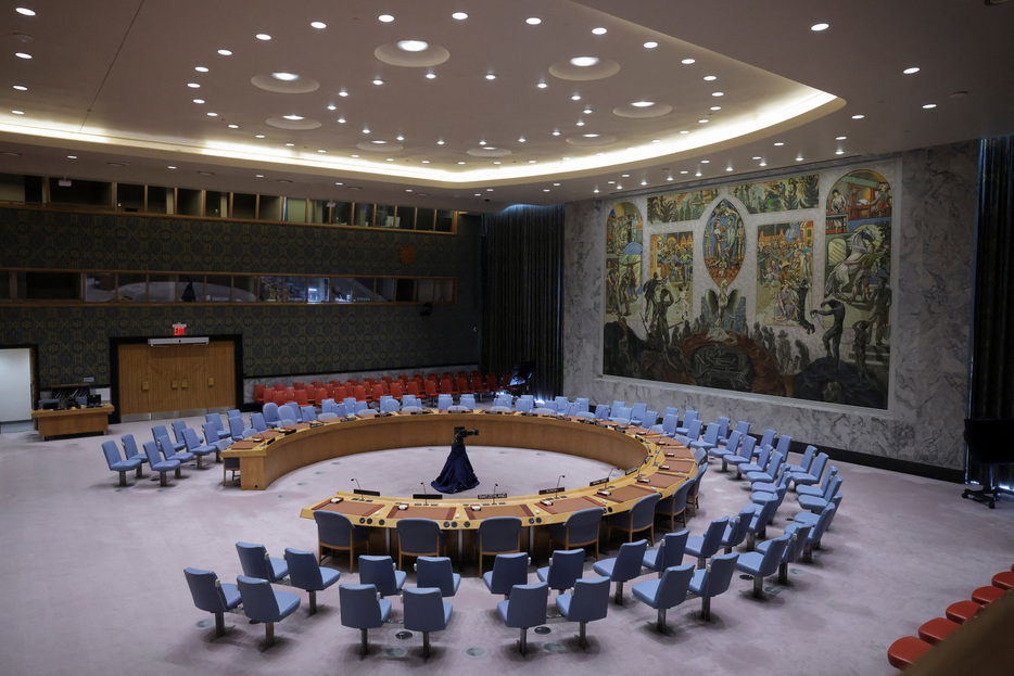 　国連安全保障理事会は６月２８日、ロシアがウクライナ戦争で北朝鮮から調達したミサイルなどを使用しているとされる問題で会合を開いた。３月２５日、ニューヨークの国連本部で撮影（２０２４年　ロイター/Andrew Kelly）
