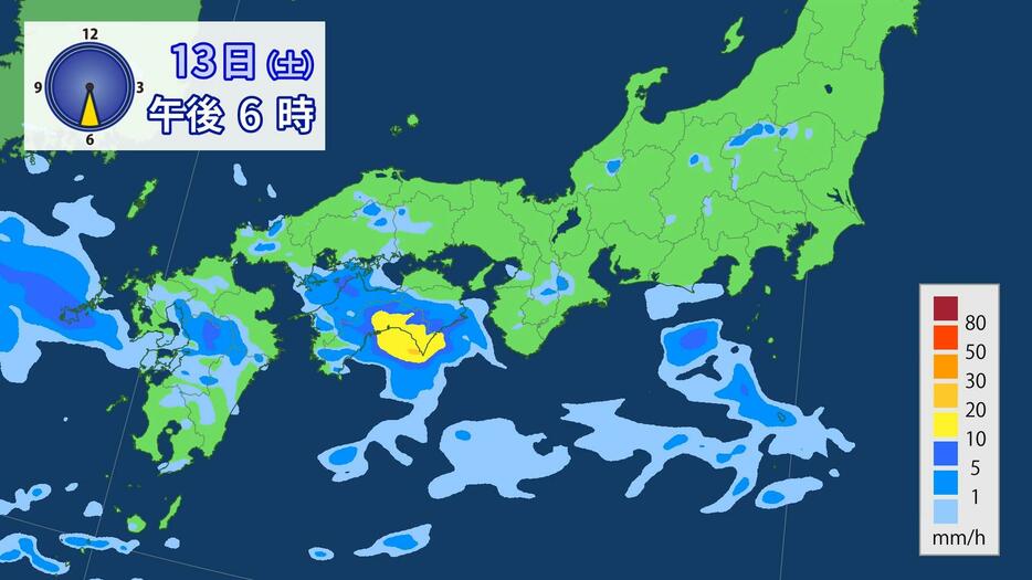 13日(土)午後6時の雨の予想