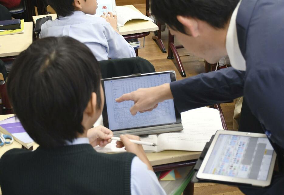 タブレット端末を活用した小学校の授業風景＝2019年