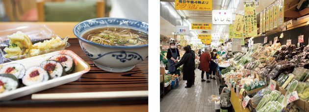 左・津軽そば、筋子とひきわり納豆の寿司を買ってランチ。　右・通路の両サイドにいろいろな店が。ぐるぐる迷うのも楽しい。