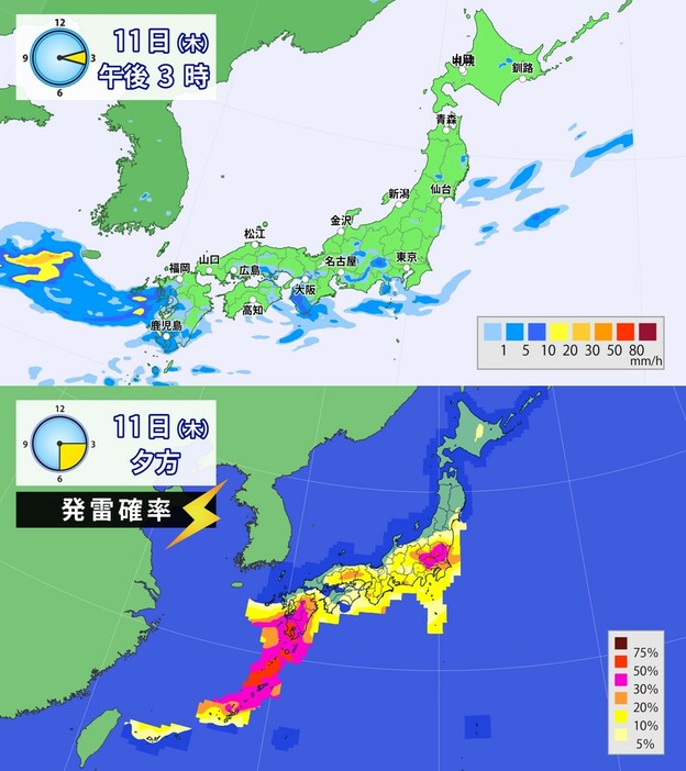 上：きょう午後3時の雨の予想、下：夕方の発雷確率。