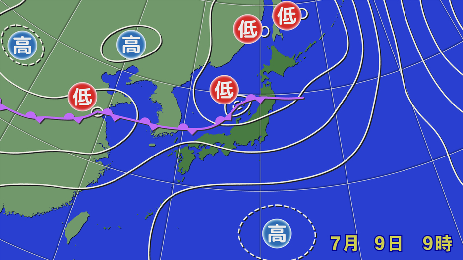 9日(火)午前9時の実況天気図