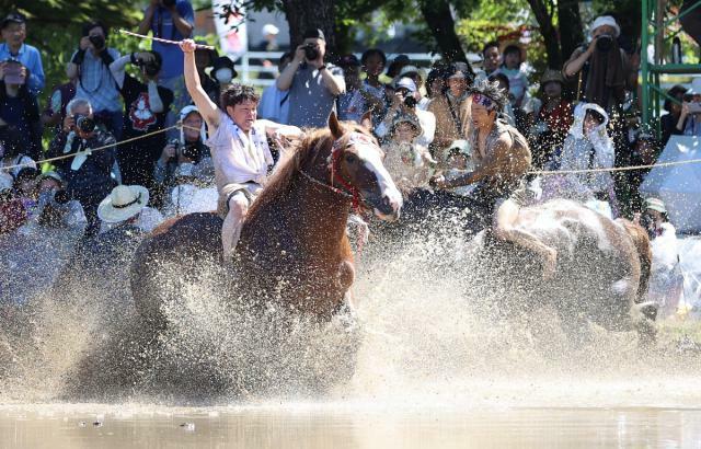 御田祭で泥しぶきを上げながら神田を疾走する神馬＝７日午前、美郷町西郷