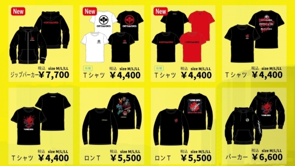 伝説のバンド「SAMURAI」のロゴがデザインされた Tシャツをはじめ、パーカーやトートバッグなどクールなアパレルが販売される