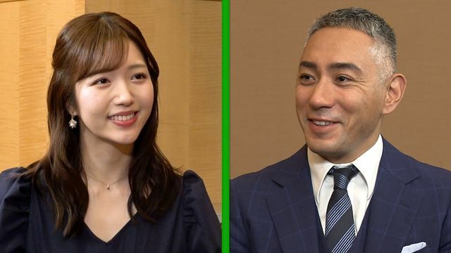 13役演じる團十郎さんに刈川キャスターが取材