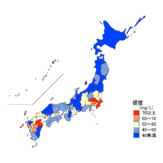 1564地点の調査で分かった都道府県ごとの蛇口からでてくる水道水の硬度。硬度は水に含まれるカルシウムとマグネシウムの濃度から算出する（東京大学堀まゆみ特任助教提供）