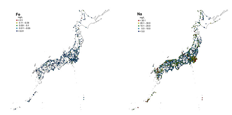 微量金属成分の鉄（左）と、主要無機成分のナトリウムの濃度分布。配管の材料として鉄は全国的に普及しており、濃度分布に規則性は見られない。海沿いだからと言ってナトリウムの濃度が高いわけではない（東京大学堀まゆみ特任助教提供）