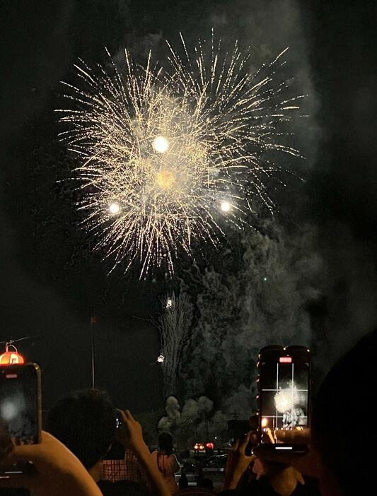 「たーまやー」―。約500発の花火が夏の夜空を彩った＝2024年7月28日午後8時23分、兵庫県丹波市市島町上田で