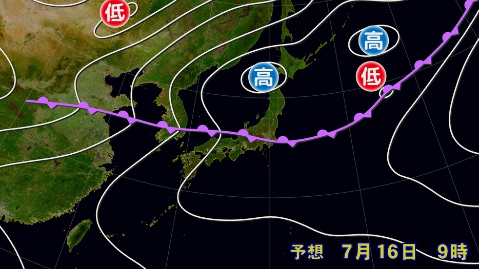 16日(火)午前9時の予想天気図