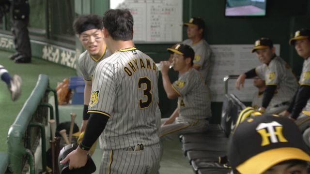 得点後ベンチで佐藤輝明選手のもとへいく大山悠輔選手(画像：日テレジータス)