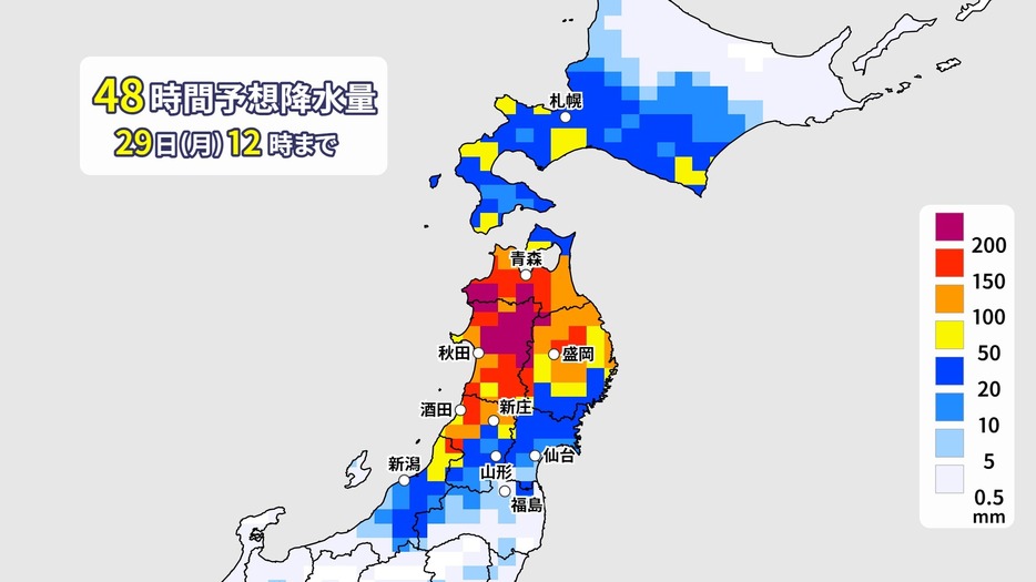 48時間予想雨量(29日(月)正午まで)