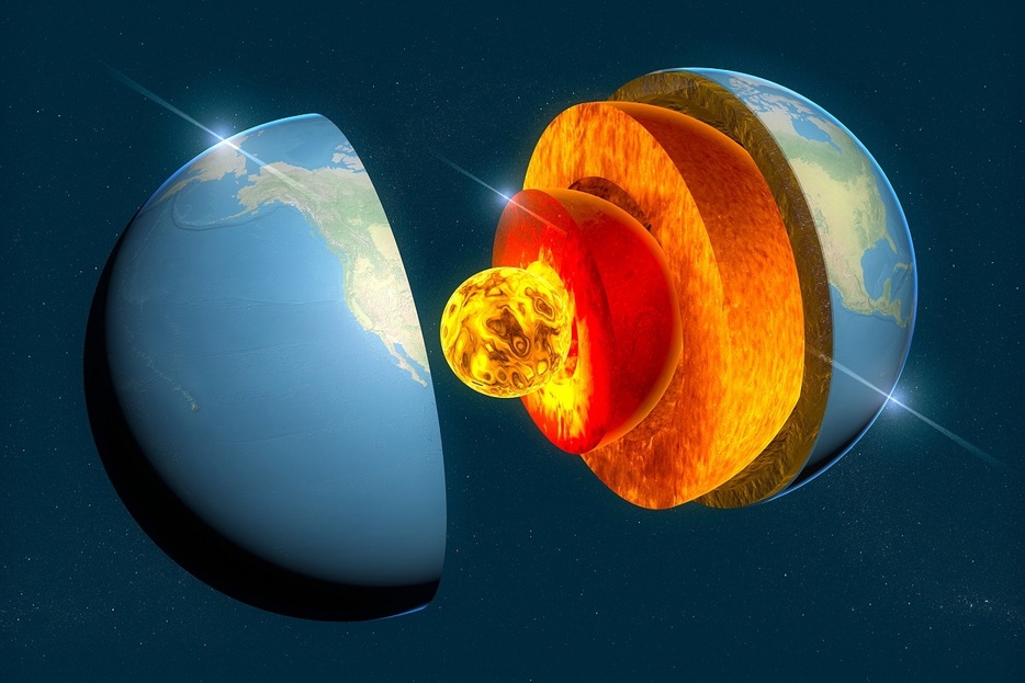 地球の内部構造を描いたイラスト。中心から内核、外核、マントル、地殻の4層構造になっている（Getty Images)