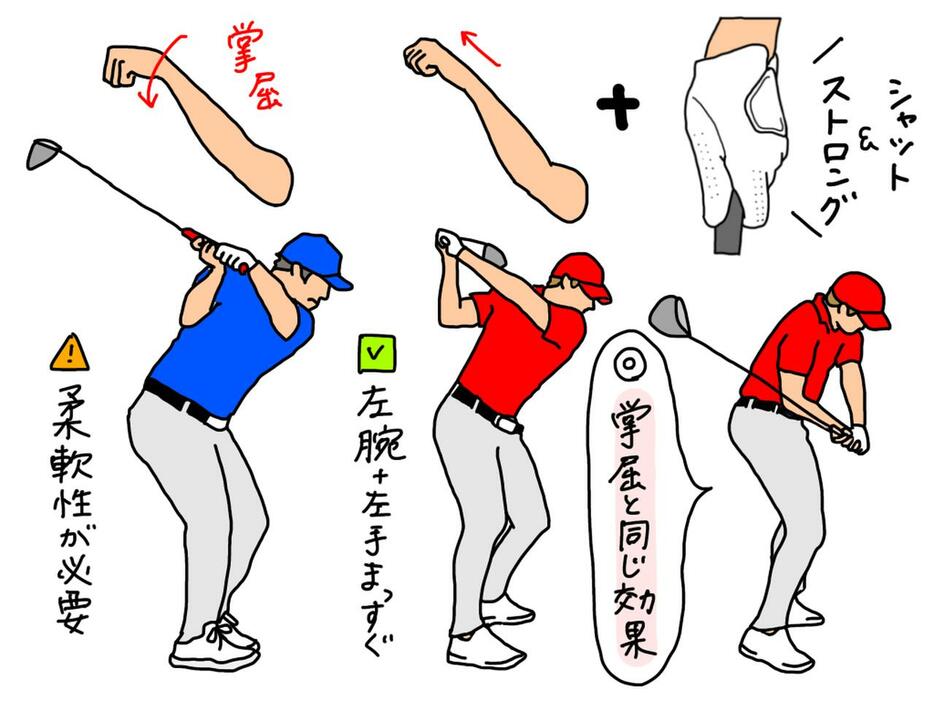 掌屈を行うためにはある程度の柔軟性が必要。しかしストロンググリップで握り、トップで左腕と左手の甲が一直線になるようなトップを作ると、自然とフェースをシャットに使えている状態となる