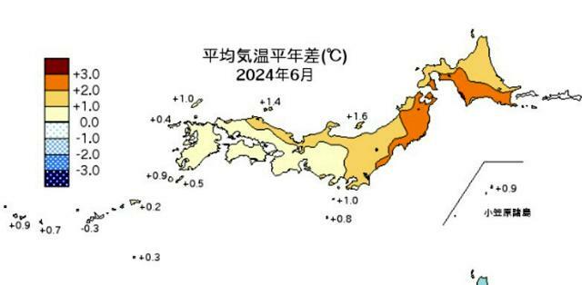 6月の平均気温の分布図。東北や北海道を中心に平年より気温が高い=気象庁ウェブサイトから