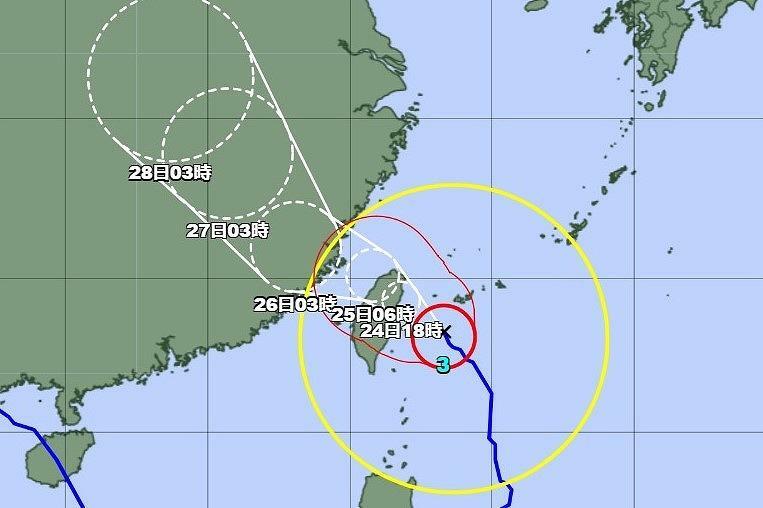 24日午前8時現在の台風3号の予想経路図（気象庁HPより）