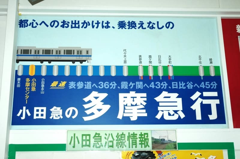 多摩線といえば「多摩急行」を思い浮かべる方もいるだろう。写真の広告のように、乗り換えなしで表参道方面へ行けるのが売りだった。ところが、１８年の複々線完成に伴うダイヤ改正で多摩線の急行はすべて新宿行きに変更された。複々線のメリットで列車が増発された中、千代田線直通に慣れ親しんだ多摩線ユーザー（筆者もその１人）は、夕方ラッシュ時の遅れがちな千代田線との乗り換えに日々うんざりしている＝０６年５月