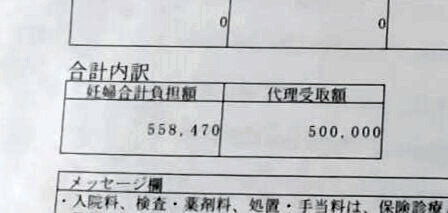 長野県内の病院で今年6月に正常分娩（ぶんべん）で出産したケースの費用明細。新生児の検査費用も含めて約55万8千円となっている