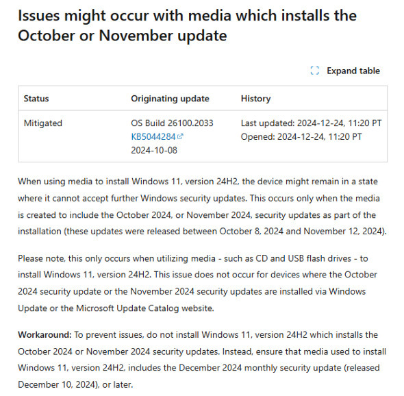 Microsoftは、Windows 11 24H2のインストールメディアに問題が発生していると明らかにした