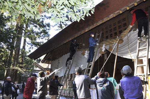 【新調した大しめ縄に張り替える会員ら＝鈴鹿市山本町の椿大神社で】