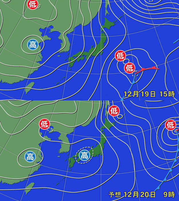 19日(木)午後3時の実況天気図と20日(金)午前9時の予想天気図