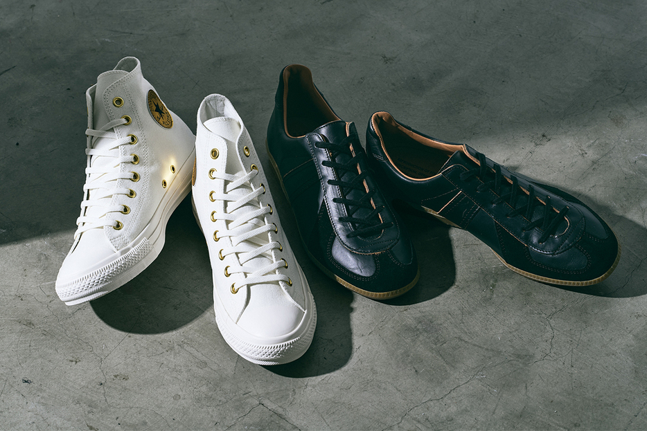 写真左：CONVERSE「ALL STAR GOLDPATCH HI」、写真右：REPRODUCTION OF FOUND 「GERMAN MILITARY TRAINER 1700HWC」