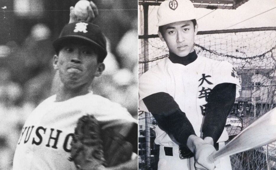 3年夏の甲子園で力投する久留米商のエース山田武史（左）と、高校通算52本塁打の強打で鳴らした大牟田の村上隆行＝ともに1983年