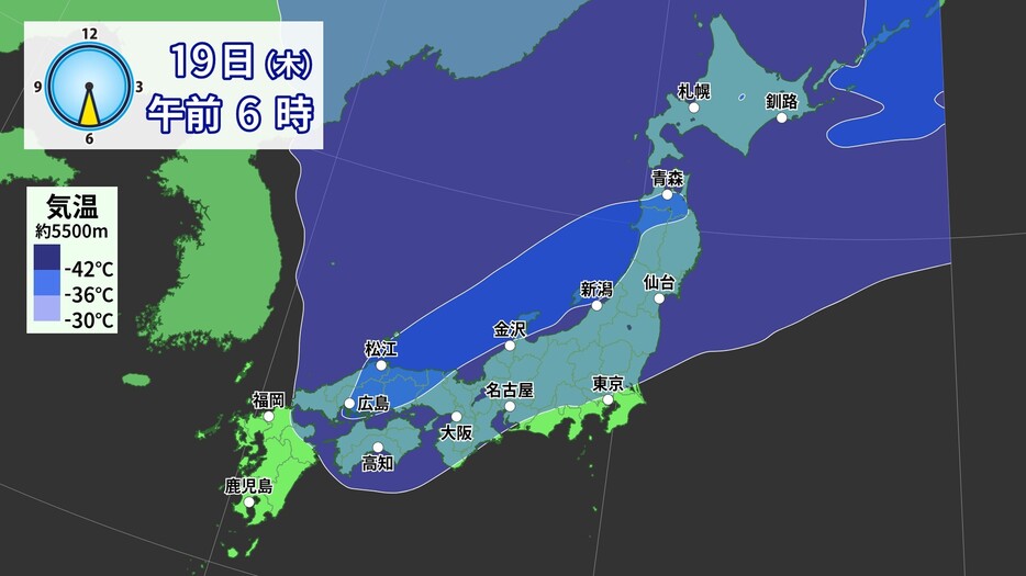 19日(木)午前6時の上空の寒気の予想