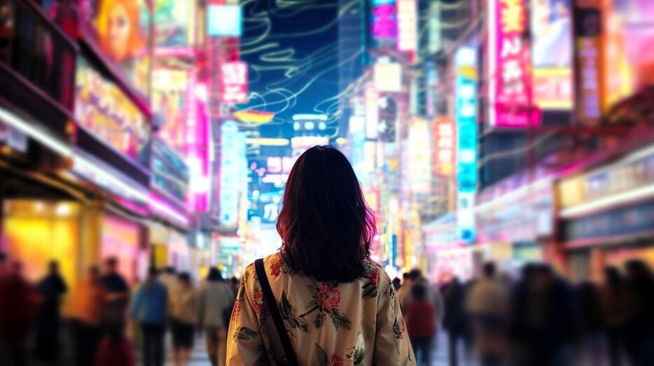 夜のネオン街を歩く若い女性　※写真はイメージです。（Ｈａｎａｓａｋｉ／ＡｄｏｂｅＳｔｏｃｋ）