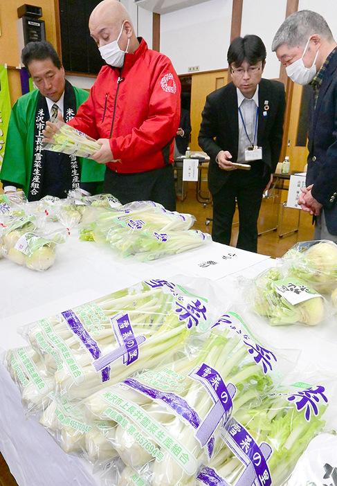 関係者が今季の雪菜の出来栄えなどを確かめた目ぞろえ会＝米沢市愛宕コミュニティセンター