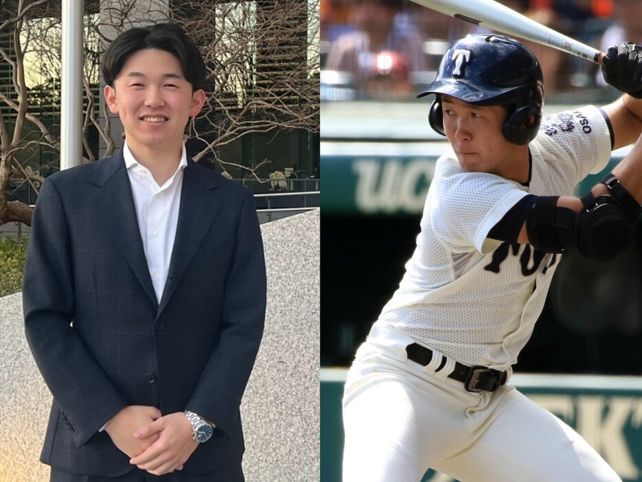 根尾昂（中日）や藤原恭大（ロッテ）ら後のプロ選手を多く擁し、甲子園で春夏連覇を達成した大阪桐蔭最強世代。その一角だった男はなぜ商社マンの道を選んだのだろうか？ photograph by (L)本人提供、(R)AFLO