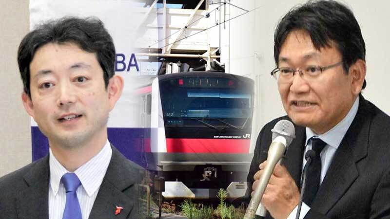 熊谷俊人千葉県知事（左）と神谷俊一千葉市長。中央は京葉線列車。