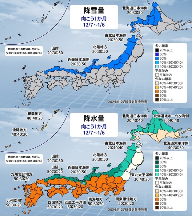 1か月予報（上：降雪量、下：降水量）。