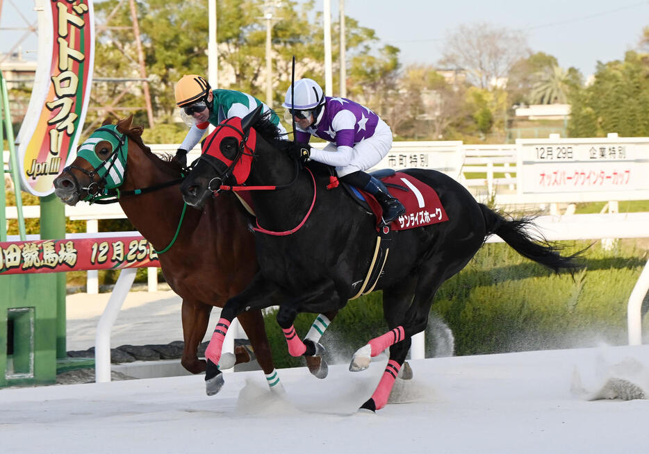 兵庫ゴールドトロフィーを制したフォーヴィスム（左）。右は2着サンライズホーク（撮影・前岡正明）