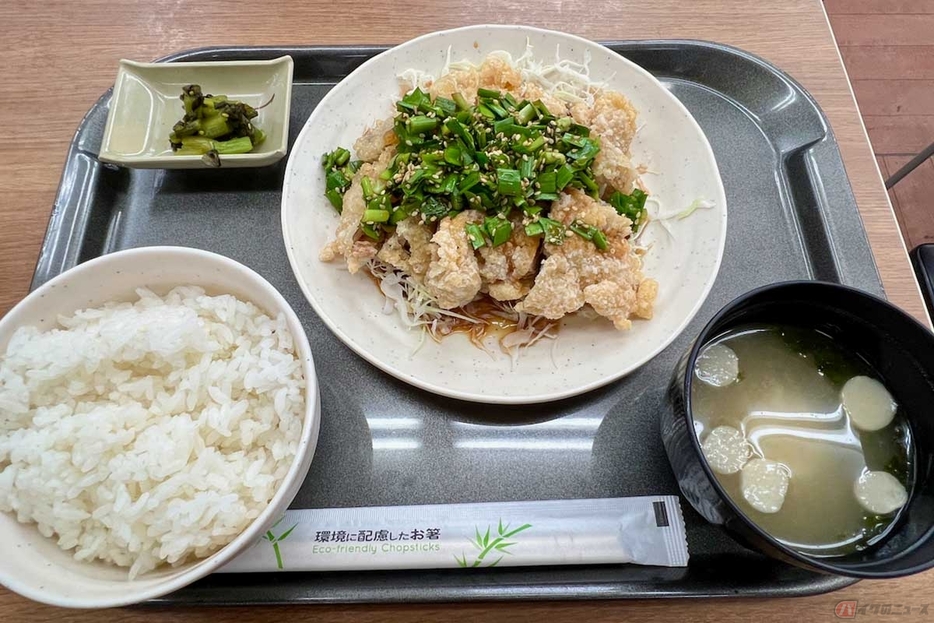 上信越道「東部湯の丸SA」（上り）の名物メニュー「山賊ニラだれ定食」（1100円）は、爽やかな自家製ニラだれでサッパリといただく山賊焼で、大量の刻んだニラが病みつきになりそう