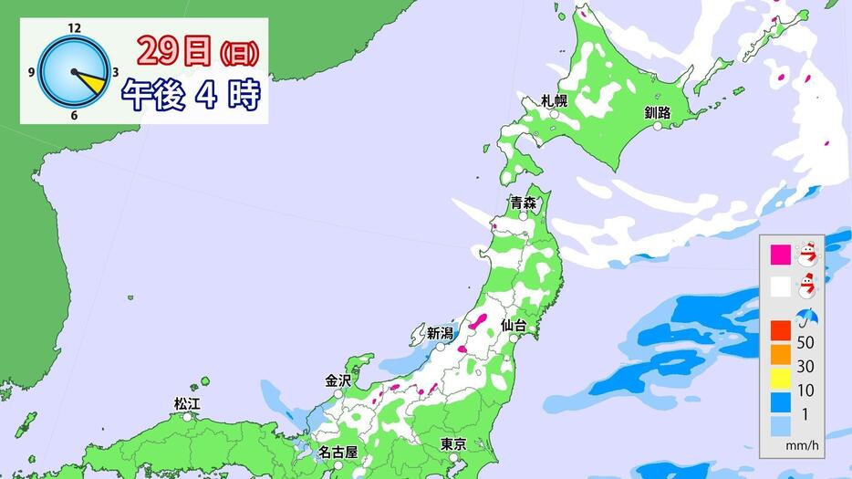 29日(日)午後4時の雨・雪の予想