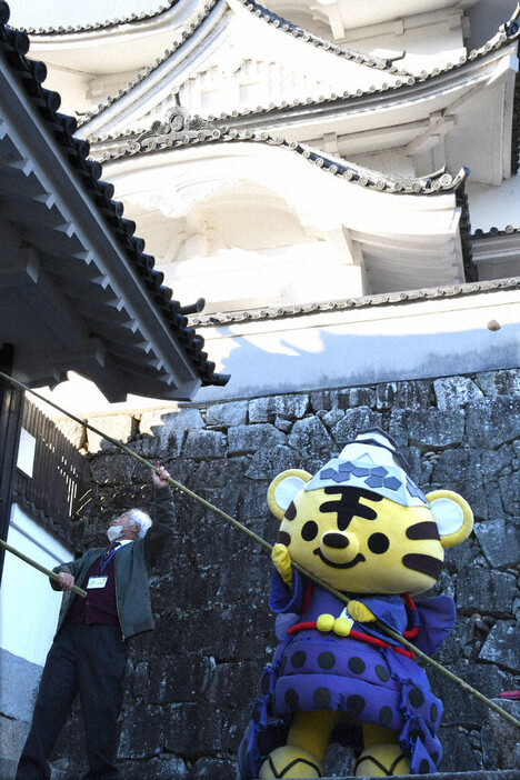 天守閣下の城門で長い竹を持ってすす払いをするた伊賀ーくん＝三重県伊賀市の伊賀上野城で、大西康裕撮影