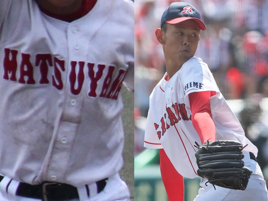 松山商のユニフォーム（左）と甲子園で登板した聖カタリナの有馬 恵叶投手