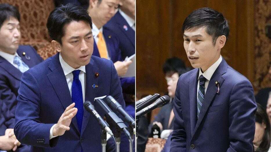 自民党の小泉進次郎元環境相（左）と共産党の山添拓政策委員長