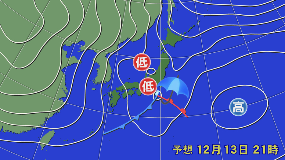 13日(金)午後9時の予想天気図