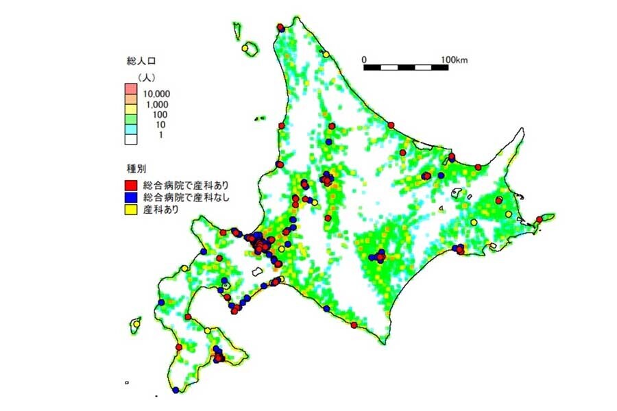 医療機関と人口分布（画像：上岡直見）