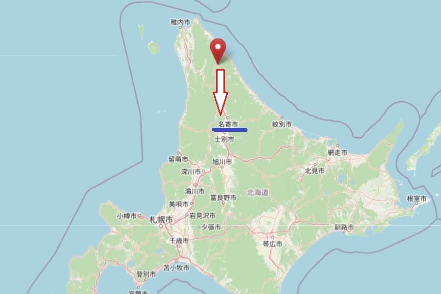 中頓別町から名寄市への移動イメージ（画像：OpenStreetMap）