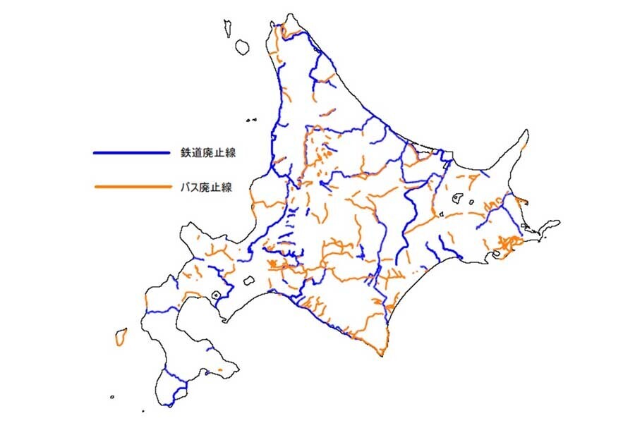 北海道でこれまでに廃止された鉄道とバス路線（画像：上岡直見）