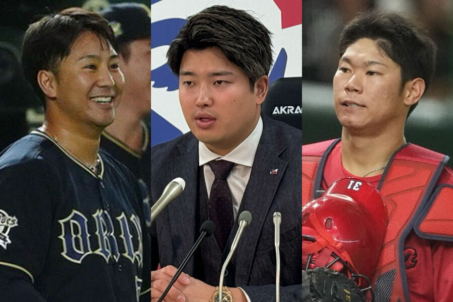 オリックス・古田島成龍、契約更改を終えて会見に臨んだヤクルト・村上宗隆、広島・坂倉将吾（左から）【写真：小林靖、町田利衣】