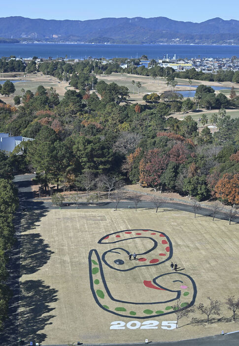 展望塔から見た来年の干支「巳」の地上絵=浜松市中央区の浜名湖ガーデンパーク