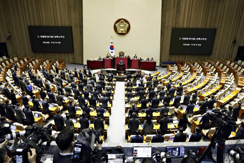 1回目の弾劾訴追案の採決に臨む韓国国会（7日）＝ＡＰ