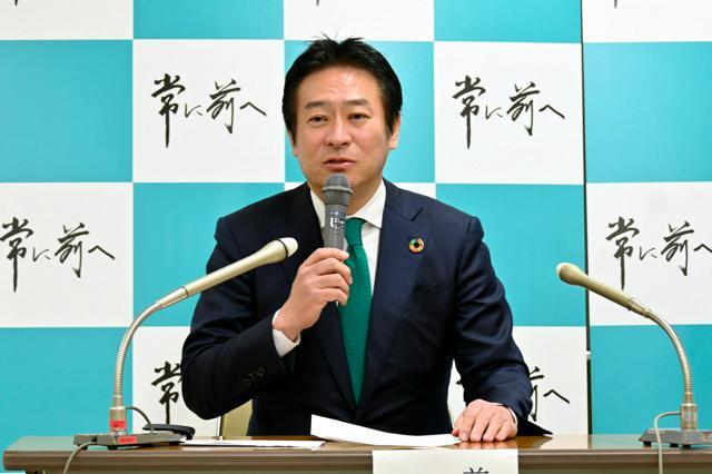 衆院東京１５区補選への立候補を表明する秋元司元衆院議員＝２０２４年３月２０日、東京都江東区、中村英一郎撮影