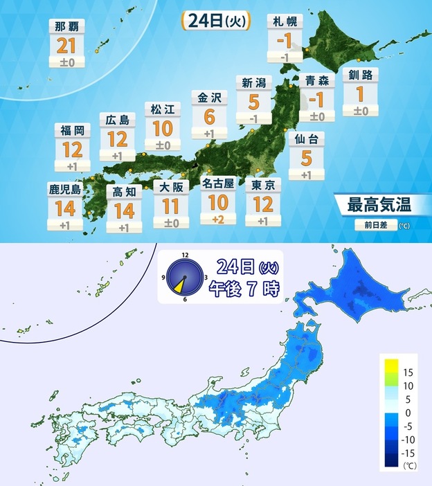 12月24日（火）の予想最高気温（上）と午後7時の予想気温（下）