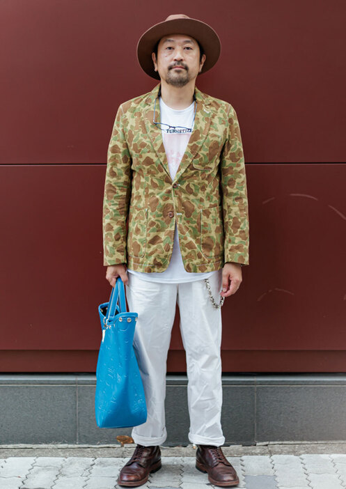 ジャケット＝不明　Tシャツ＝不明　パンツ＝オアスロウ　シューズ＝オールデン　帽子＝カシラ　眼鏡＝金子眼鏡　バッグ＝コムデギャルソン　ウォレットチェーン＝ケルトアンドコブラ　ブレスレット＝市松　リング＝ジャムホームメイド