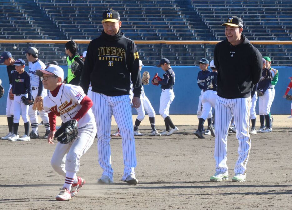 ノックを見守る（手前左２人目から）阪神の岩崎優、佐野大陽（カメラ・伊藤　明日香）