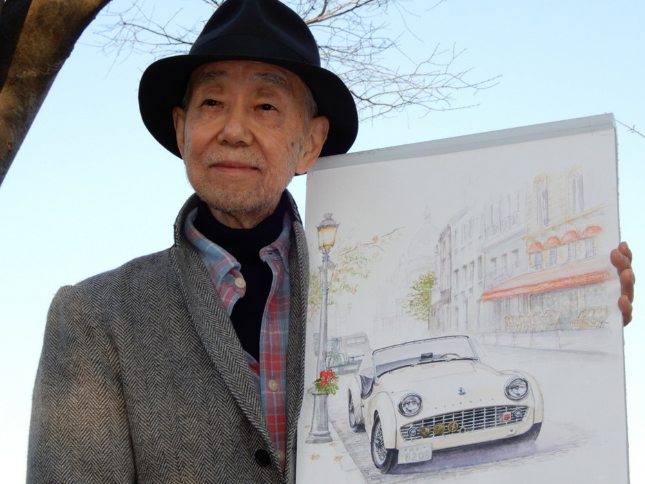 2024年11月17日亡くなられた、自動車画家Bowさん。手に持つのはカー・マガジン表紙絵の原画。